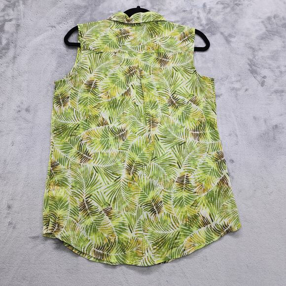 Liz Claiborne Top Womens M Green Tropical Palm Leaves Chiffon Sleeveless Button - Picture 2 of 8